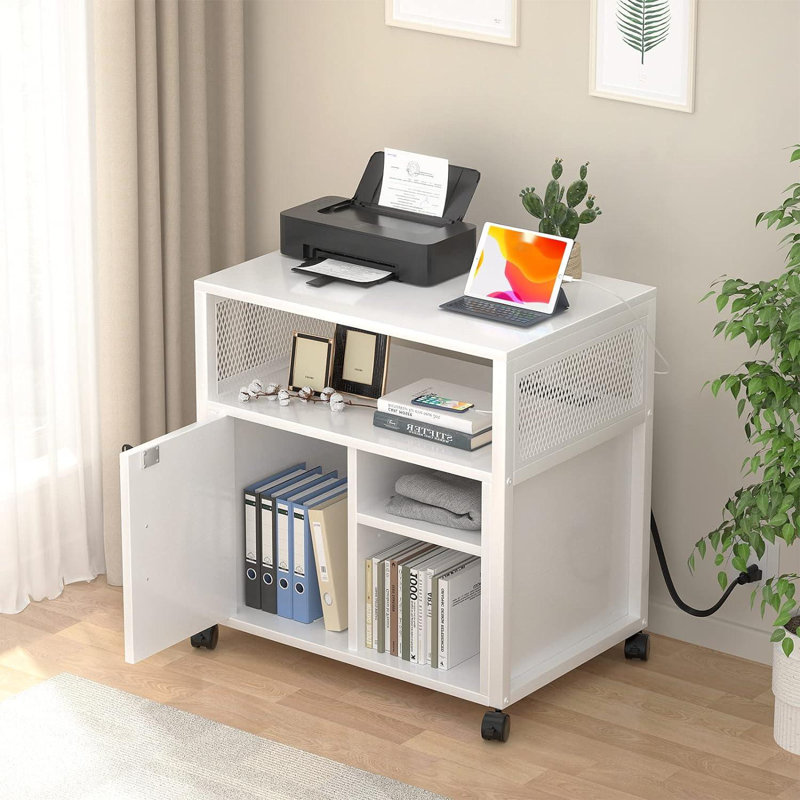 Lateral Office Filing Cabinets with Socket and USB Charging Port Modern Printer Stand On Wheels Printer Cabinet with Door and Open Storage Lockable